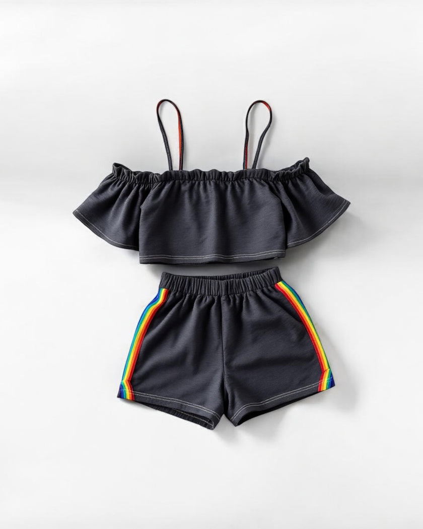 Off shoulder gray rainbow suit                          هذا المنتج تسليم بعد 10-3-2025