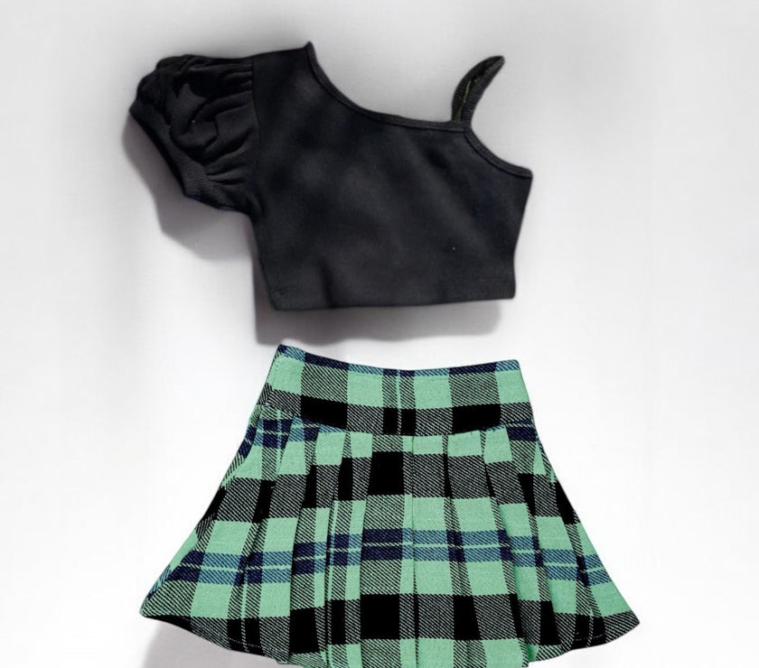 Black & Green Kitan Skirt with Frouns Top