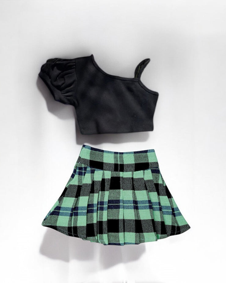 Black & Green Kitan Skirt with Frouns Top