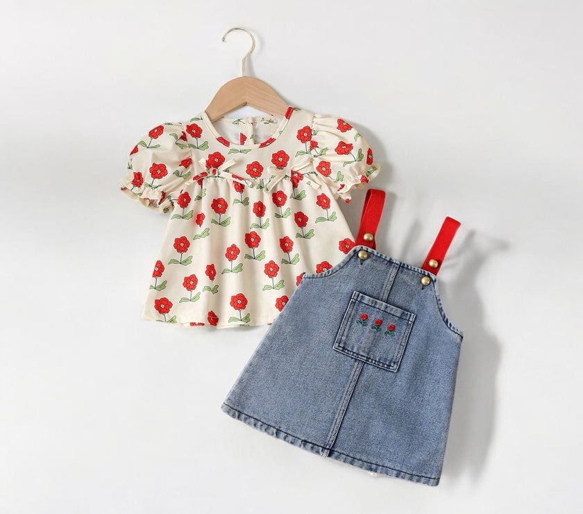 Red flowers shirt with jeans dress                          هذا المنتج تسليم بعد 10-3-2025