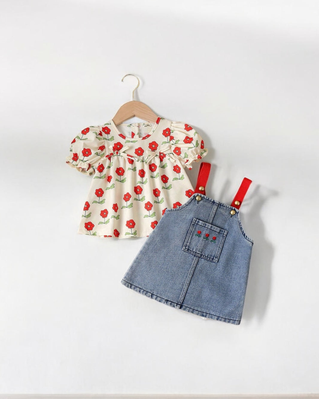 Red flowers shirt with jeans dress                          هذا المنتج تسليم بعد 10-3-2025