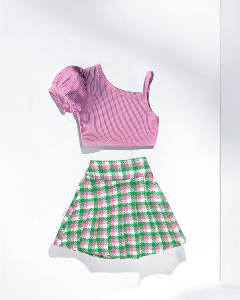 Light Pink & Green Kitan Skirt with Frouns Top