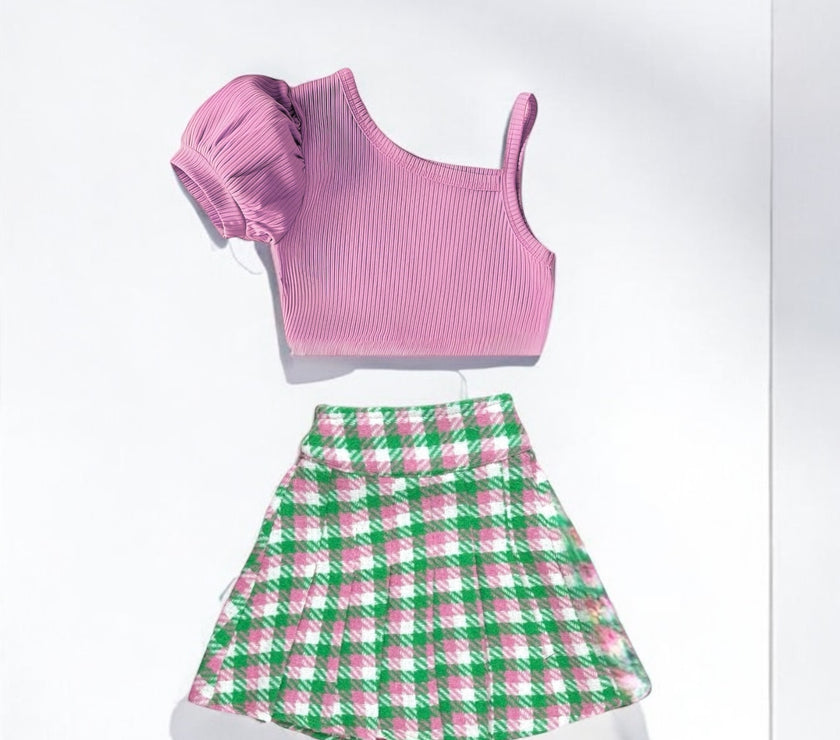 Light Pink & Green Kitan Skirt with Frouns Top